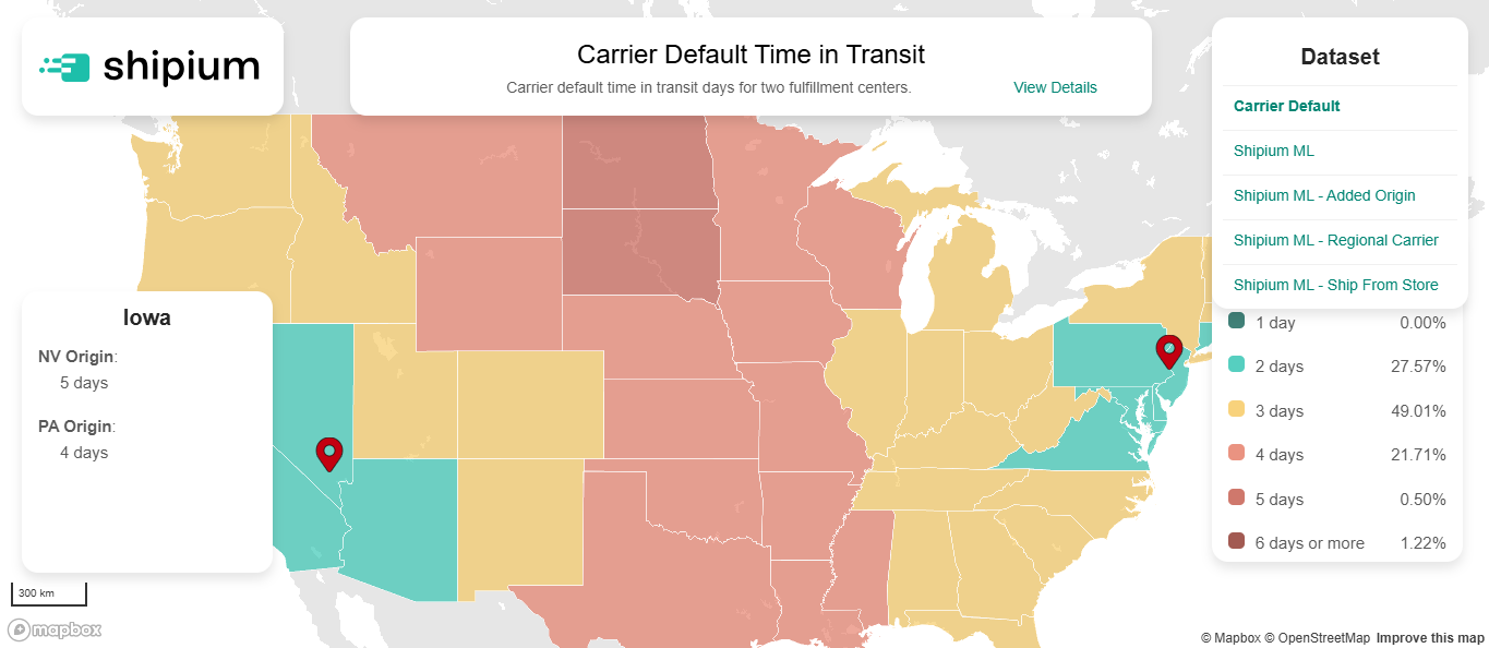 A map powered by Shipium’s ML-based time-in-transit modeling, built to help ecommerce businesses keep their delivery promises to customers and minimize WISMO calls.