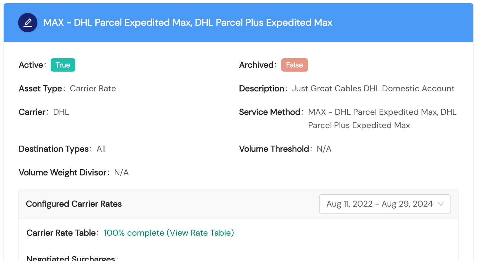 Multi Carrier Rates Configuration